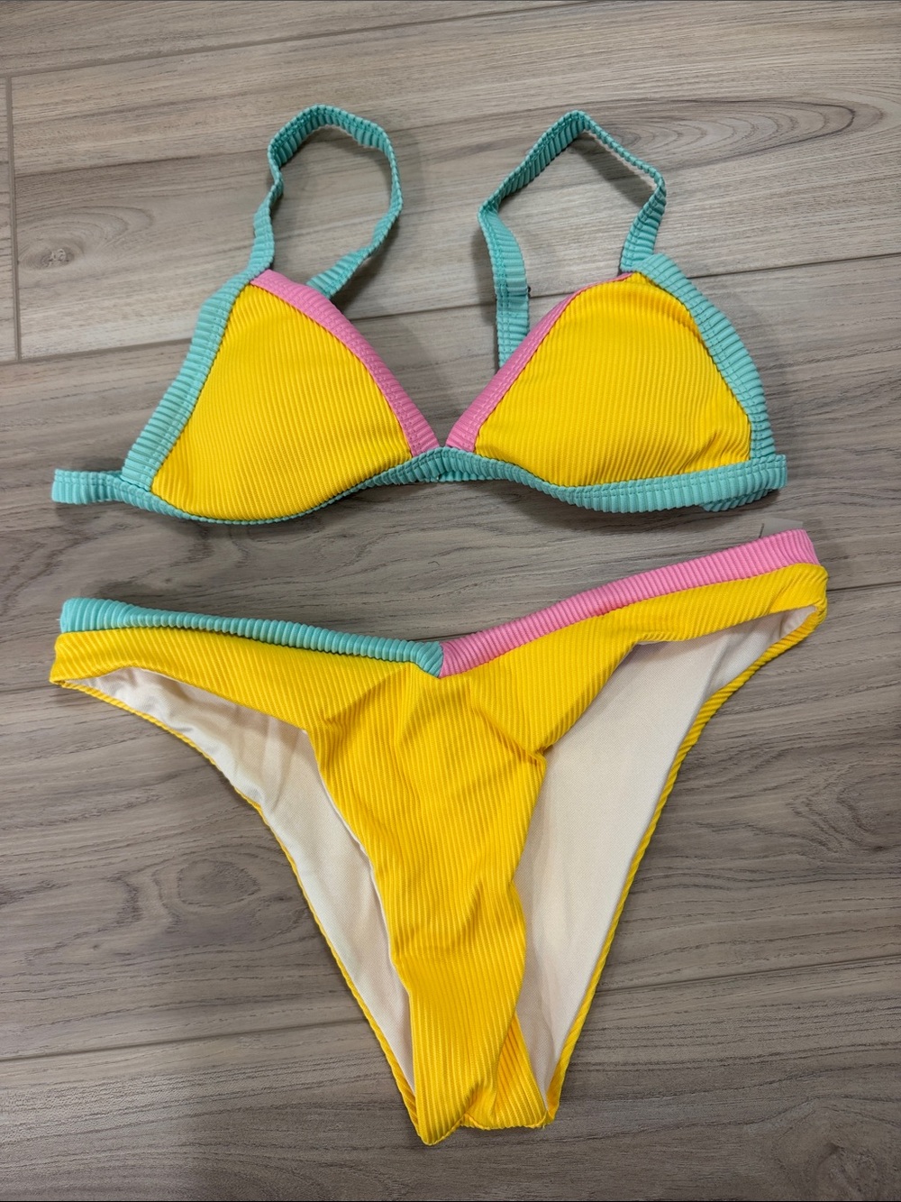 SHEIN Yellow Ribbed Triangle Bikini with Pink & Aqua Trim